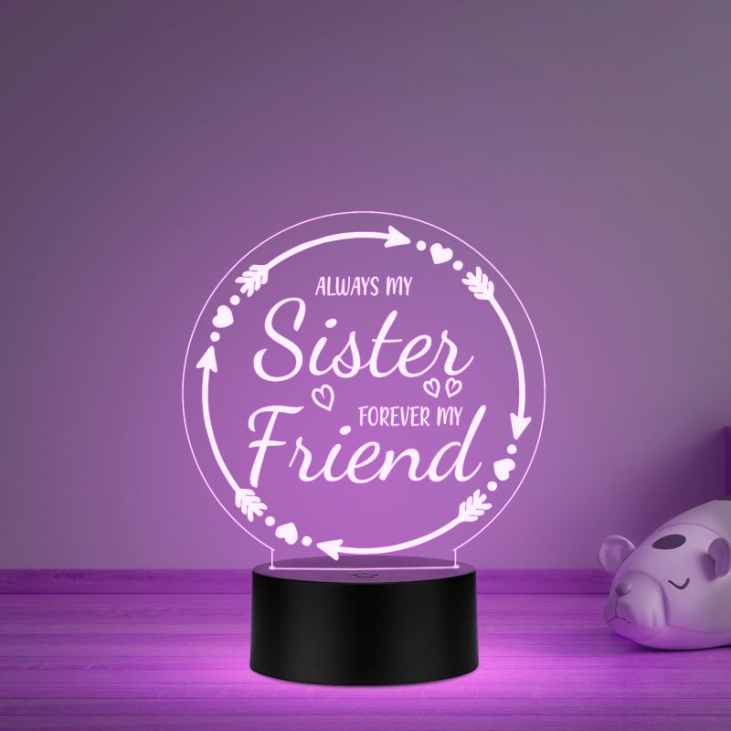 Always My Sister Forever My Friend Heartfelt Quote Acrylic Night Light for Bedroom   Meaningful Birthday & Wedding Gift for Sisters   Multicolored Light & USB Powered